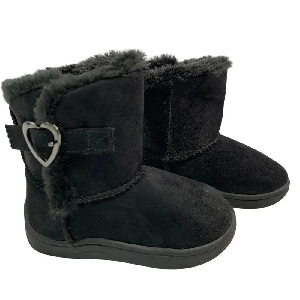 Garanimals Girls Black Faux Suede Fur Lined Mid Calf Boots Toddler Sz 4 Heart